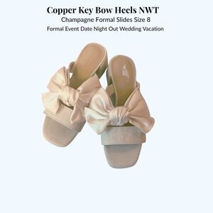 Copper Key Satin Bow Sandals, NWT Low Block Heel Dress Shoes | Size 8